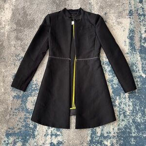 BCBG Women’s Black Longline mandarin collar jacket zipper details